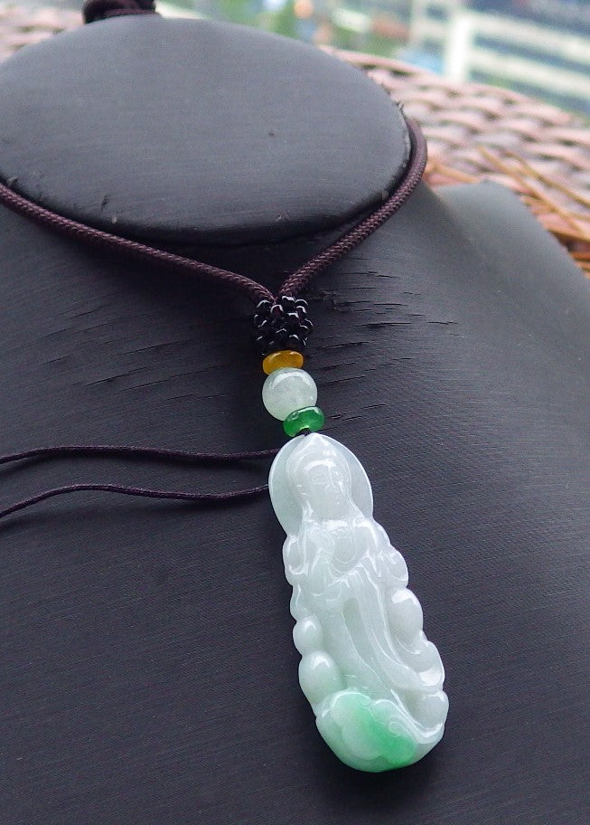 Certified Natural Hand Carved Myanmar Burma Green A Jade jadeite Guanyin Kwan Yin God Pendant Necklace