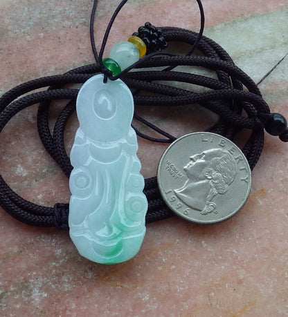 Certified Natural Hand Carved Myanmar Burma Green A Jade jadeite Guanyin Kwan Yin God Pendant Necklace