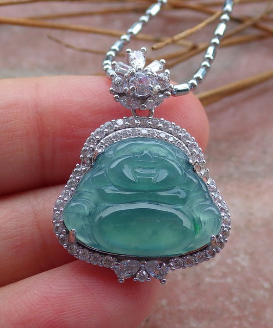Certified Sterling Silver 925 Natural Myanmar Burma A Hand Carved Jade Jadeite Icy Green Buddha Pendant Necklace