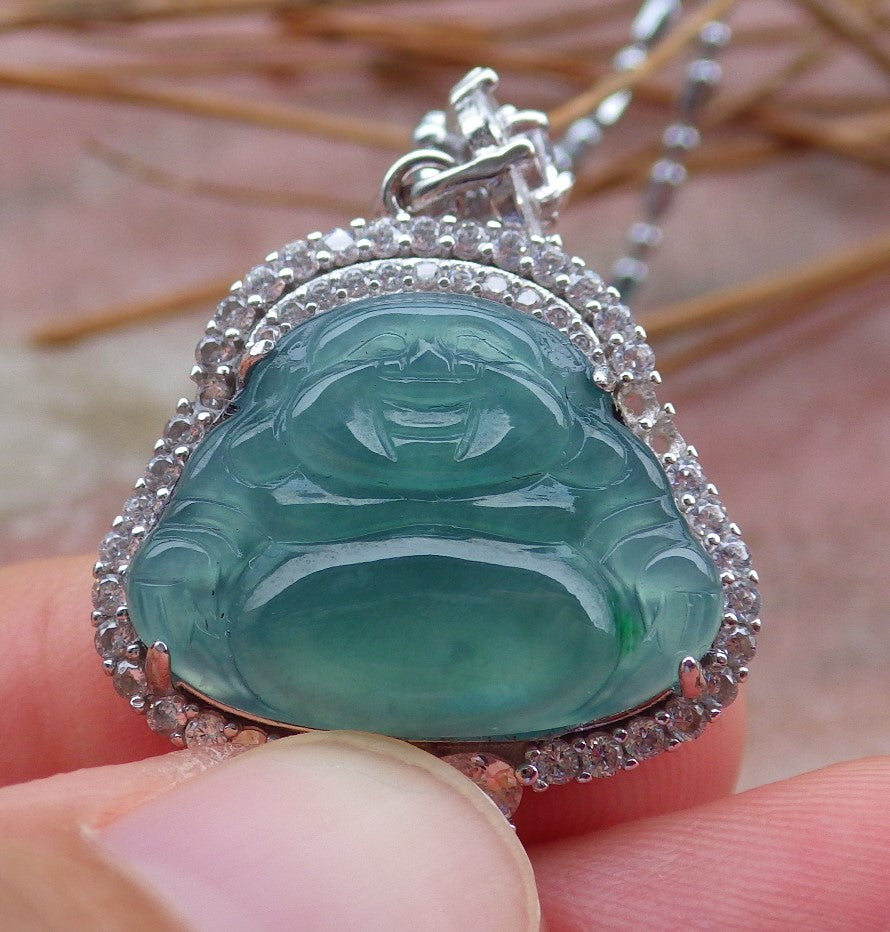 Certified Sterling Silver 925 Natural Myanmar Burma A Hand Carved Jade Jadeite Icy Green Buddha Pendant Necklace