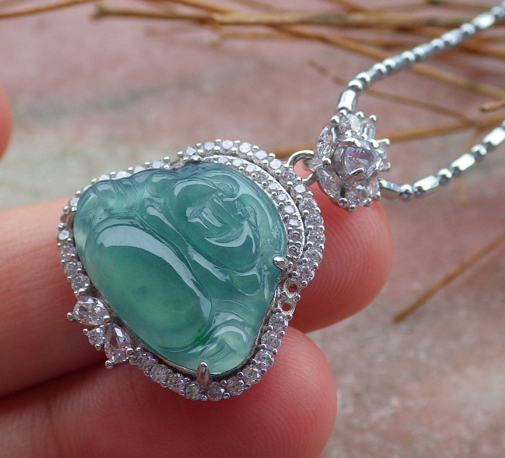 Certified Sterling Silver 925 Natural Myanmar Burma A Hand Carved Jade Jadeite Icy Green Buddha Pendant Necklace