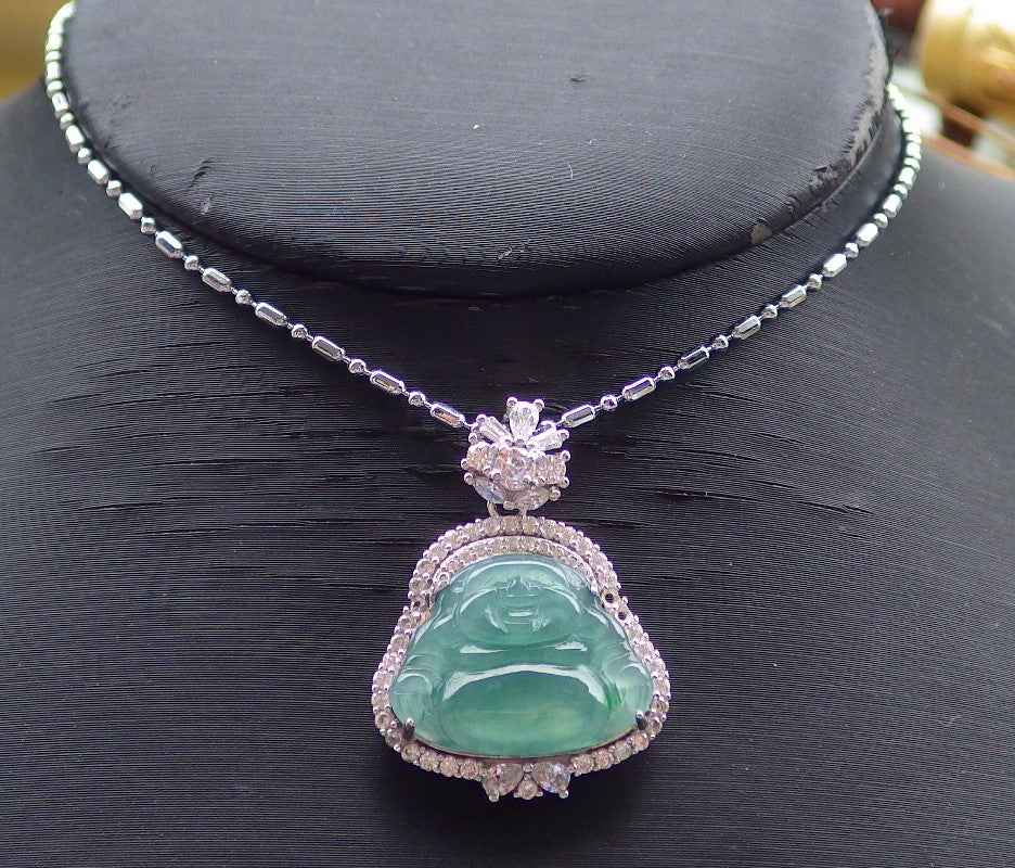 Certified Sterling Silver 925 Natural Myanmar Burma A Hand Carved Jade Jadeite Icy Green Buddha Pendant Necklace