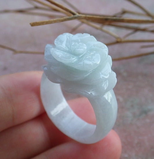 Certified Hand Carved Green Natural Myanmar Burma A JADE Jadeite Rose Flower US 10 Ring