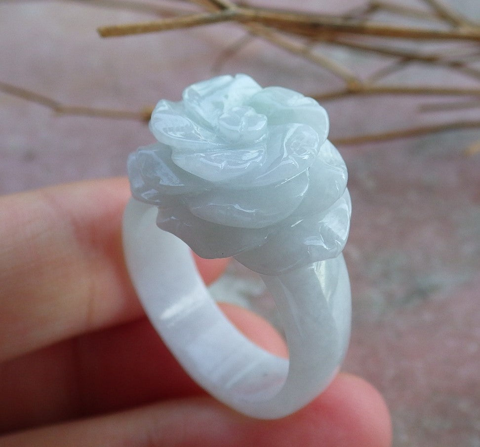 Certified Hand Carved Green Natural Myanmar Burma A JADE Jadeite Rose Flower US 10 Ring