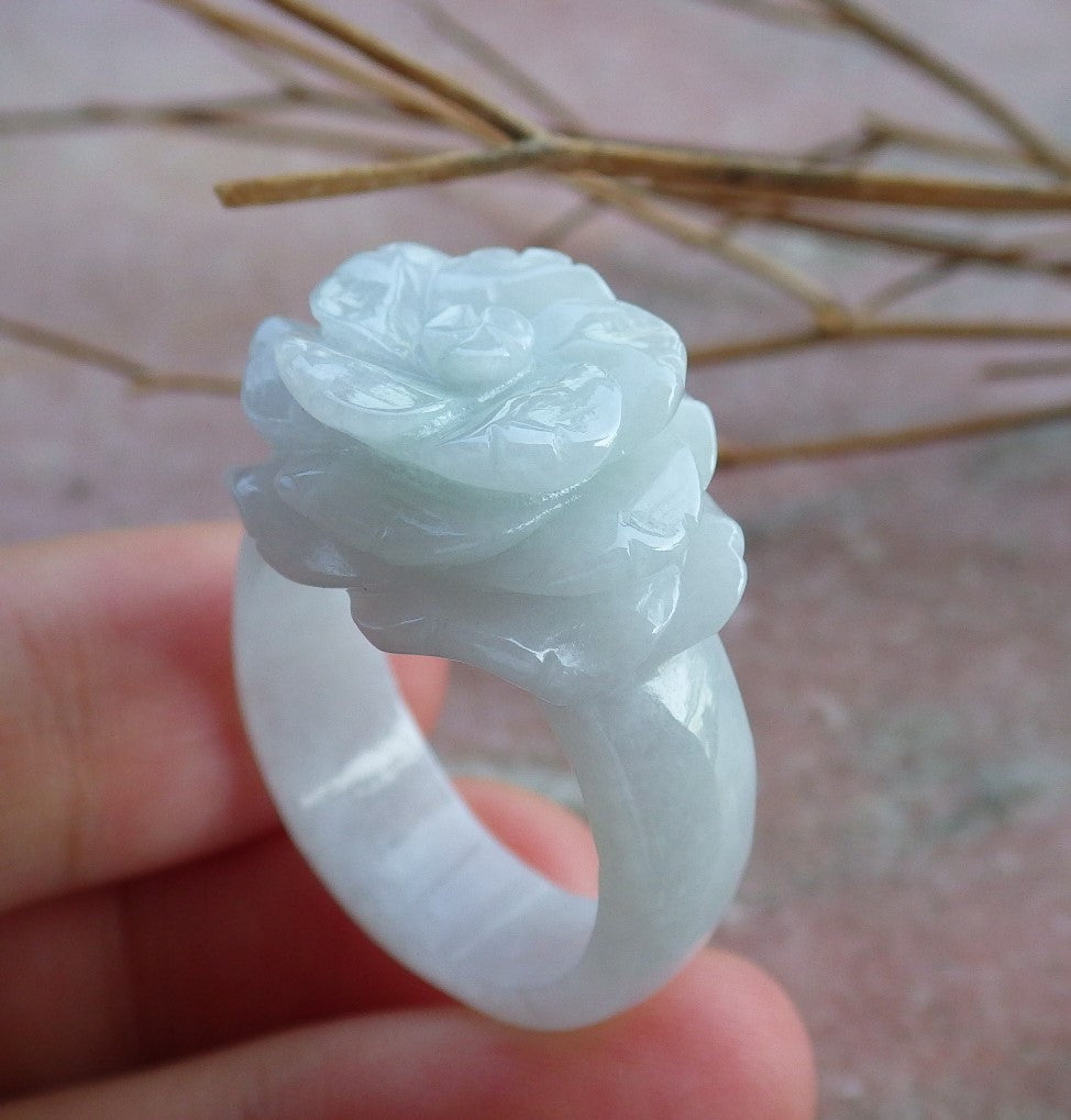 Certified Hand Carved Green Natural Myanmar Burma A JADE Jadeite Rose Flower US 10 Ring