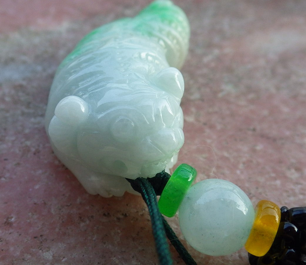 Certified Hand Carved Green Natural Myanmar Burma A Jade jadeite Zodiac Tiger Pendant Necklace