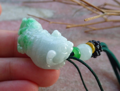 Certified Hand Carved Green Natural Myanmar Burma A Jade jadeite Zodiac Tiger Pendant Necklace