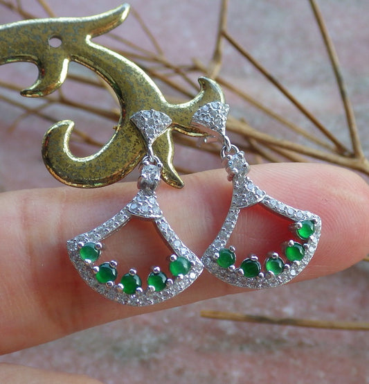 Certified Sterling Silver 925 100% Green Natural Myanmar Burma Hand Carved A Jade Jadeite Cabochon Fan Dangle Earring Earrings