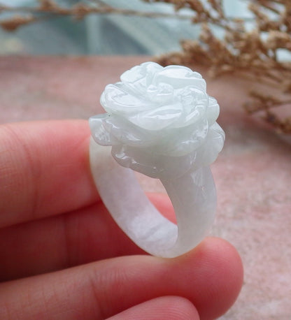 Certified Hand Carved Light Green Natural Myanmar Burma A JADE Jadeite Rose Flower US 9 Ring