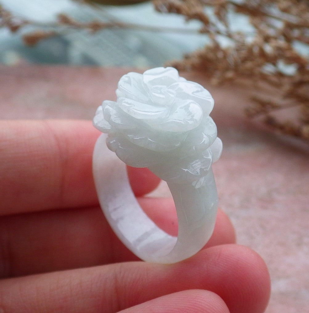 Certified Hand Carved Light Green Natural Myanmar Burma A JADE Jadeite Rose Flower US 9 Ring