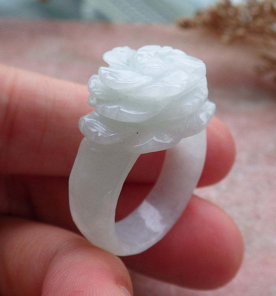 Certified Hand Carved Light Green Natural Myanmar Burma A JADE Jadeite Rose Flower US 9 Ring