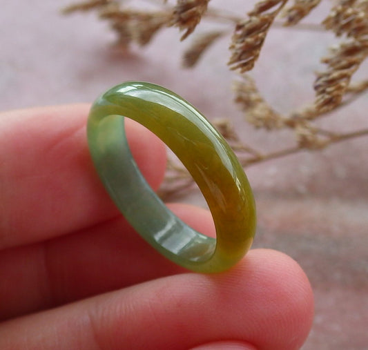 Certified Hand Carved Icy Green Yellow Natural Myanmar Burma A Jade jadeite Circle US 8 Ring