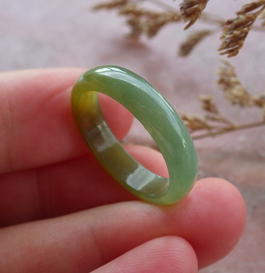 Certified Hand Carved Icy Green Yellow Natural Myanmar Burma A Jade jadeite Circle US 8 Ring