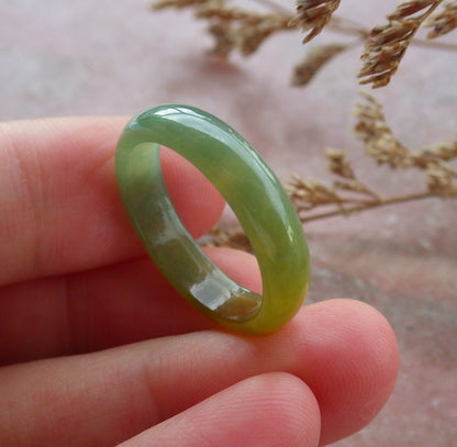 Certified Hand Carved Icy Green Yellow Natural Myanmar Burma A Jade jadeite Circle US 8 Ring