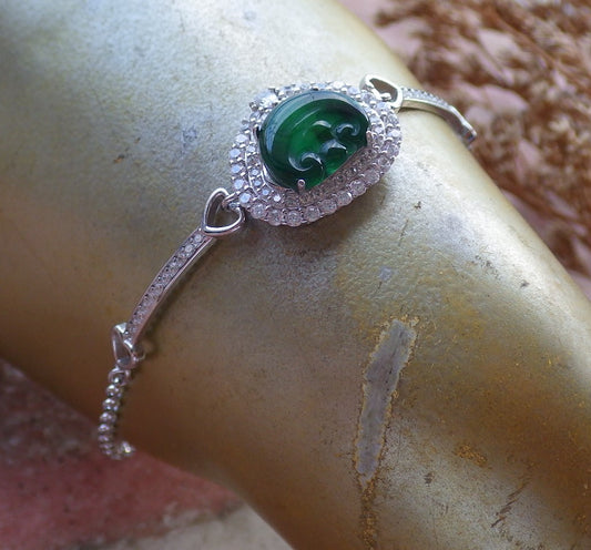 Certified Sterling Silver 925 100% Green Natural Hand Carved Myanmar Burma A Jade Jadeite Bead Beads Lotus Bracelet