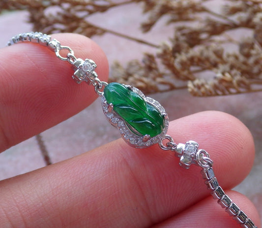 Certified Sterling Silver 925 100% Green Natural Hand Carved Myanmar Burma A Jade Jadeite Bead Beads Leaf Bracelet