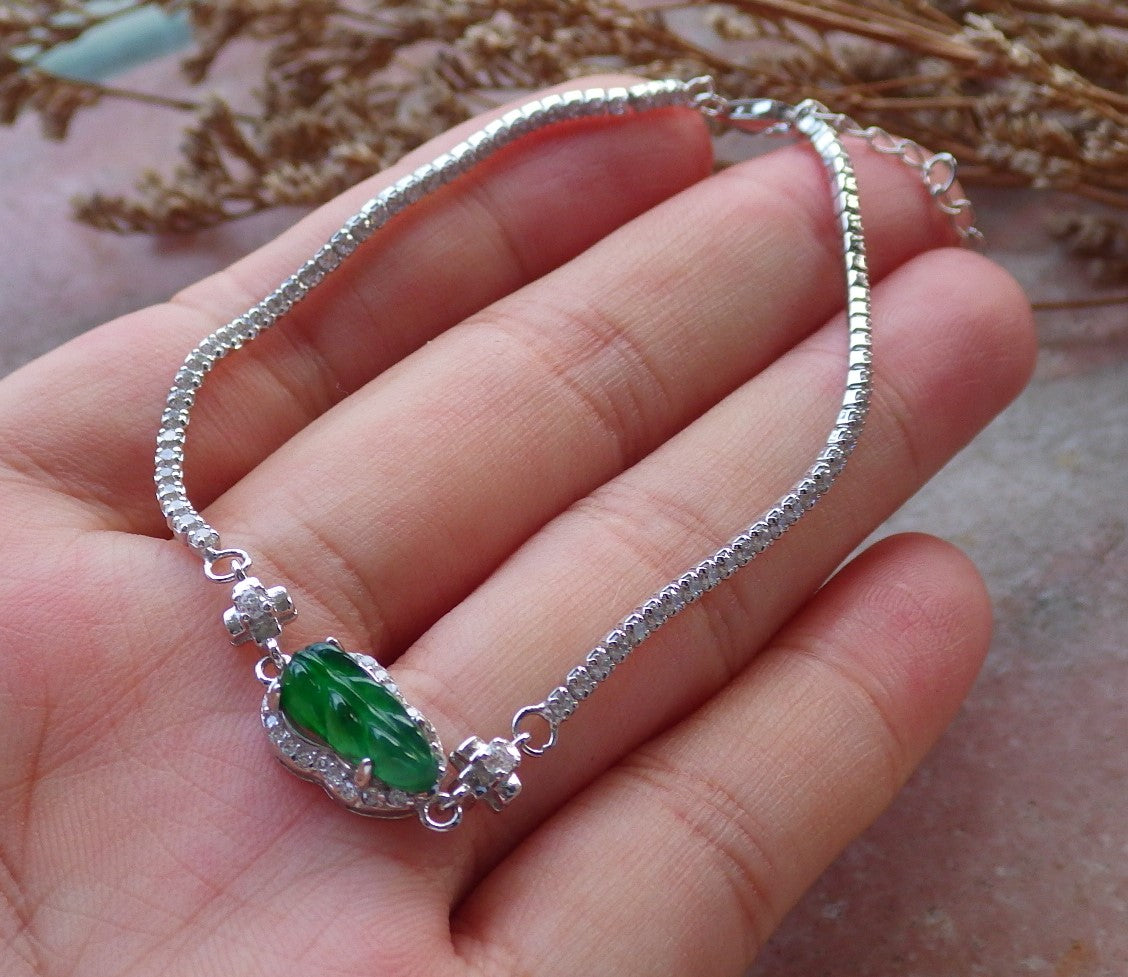 Certified Sterling Silver 925 100% Green Natural Hand Carved Myanmar Burma A Jade Jadeite Bead Beads Leaf Bracelet