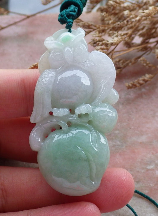 Certified Hand Carved Green Natural Myanmar Burma A Jade jadeite Owl Gourd Peach Ruyi Pendant Necklace
