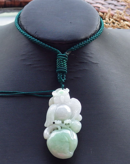 Certified Hand Carved Green Natural Myanmar Burma A Jade jadeite Owl Gourd Peach Ruyi Pendant Necklace