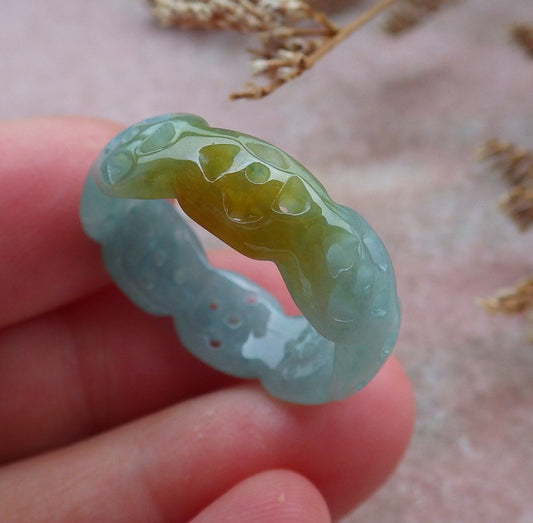 Certified Hand Carved Icy Green Yellow Natural Myanmar Burma A Jade jadeite Circle US 9.75 Coin Ring