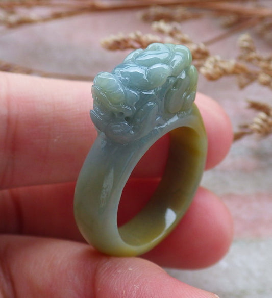 Certified Hand Carved Blue Water Green Yellow Natural Myanmar Burma A JADE Jadeite Dragon Pi Xiu Ring US 8.75