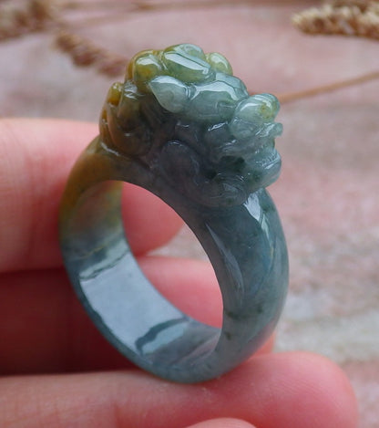 Certified Hand Carved Blue Water Green Yellow Natural Myanmar Burma A JADE Jadeite Dragon Pi Xiu Ring US 8.75