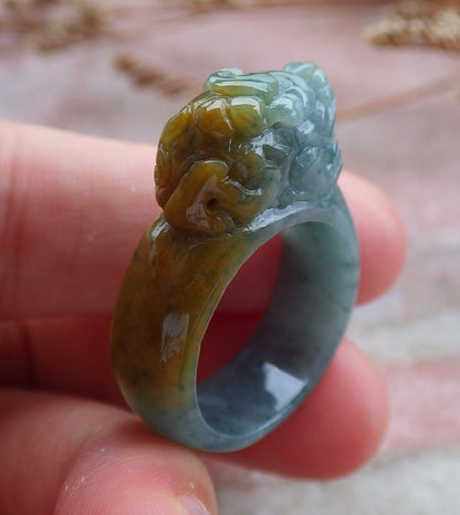 Certified Hand Carved Blue Water Green Yellow Natural Myanmar Burma A JADE Jadeite Dragon Pi Xiu Ring US 8.75