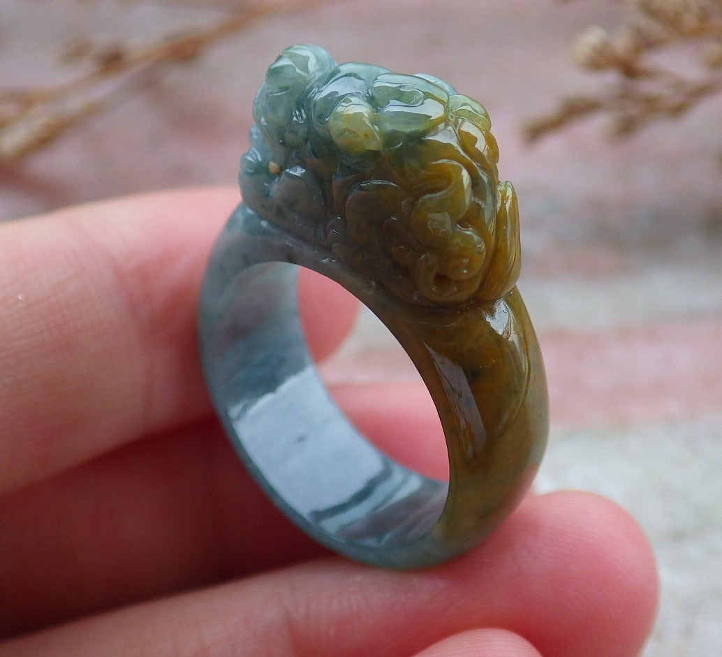 Certified Hand Carved Blue Water Green Yellow Natural Myanmar Burma A JADE Jadeite Dragon Pi Xiu Ring US 8.75