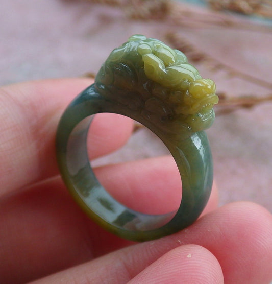 Certified Hand Carved Green Yellow Natural Myanmar Burma A JADE Jadeite Dragon Pi Xiu Ring US 8.75
