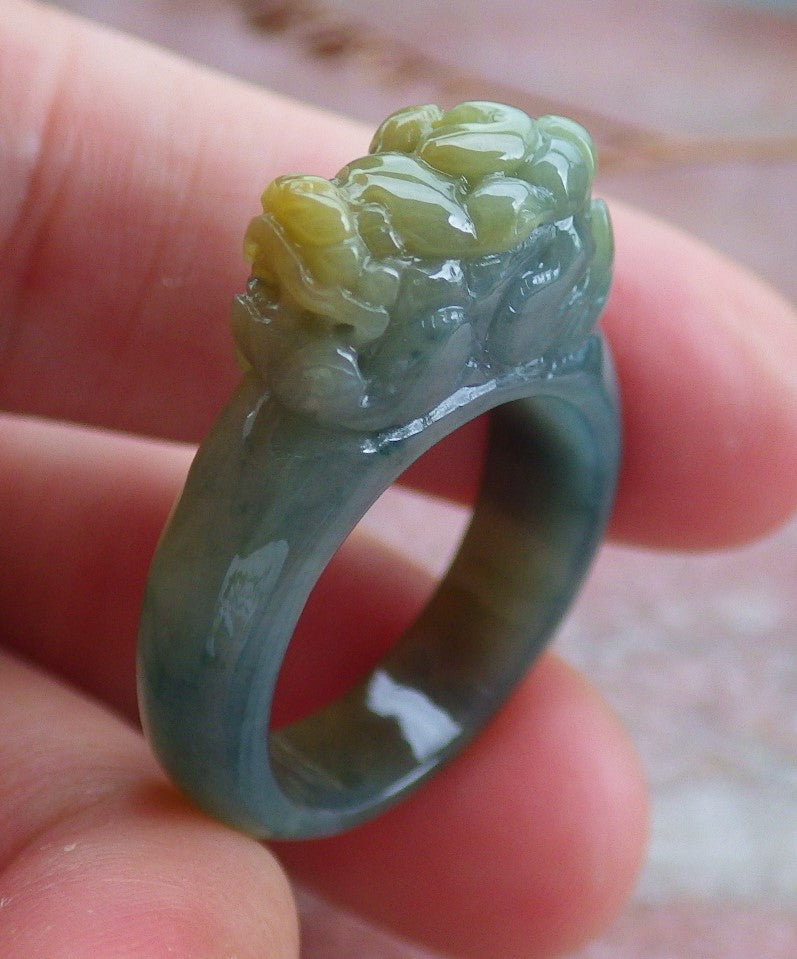 Certified Hand Carved Green Yellow Natural Myanmar Burma A JADE Jadeite Dragon Pi Xiu Ring US 8.75