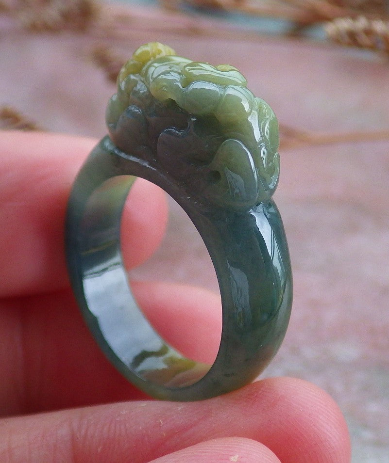 Certified Hand Carved Green Yellow Natural Myanmar Burma A JADE Jadeite Dragon Pi Xiu Ring US 8.75