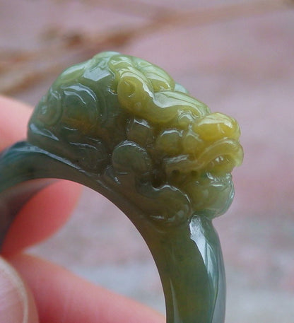 Certified Hand Carved Green Yellow Natural Myanmar Burma A JADE Jadeite Dragon Pi Xiu Ring US 8.75