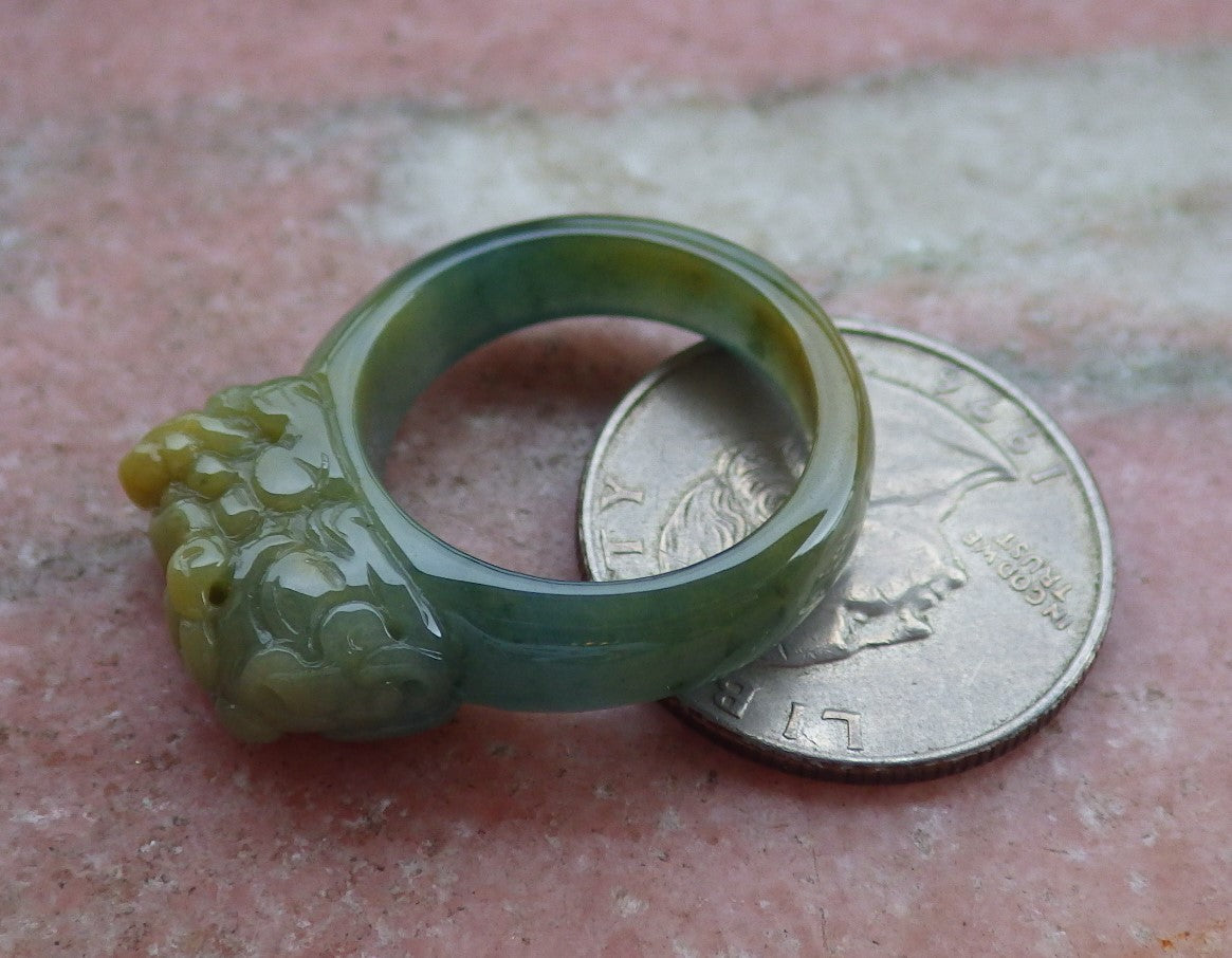 Certified Hand Carved Green Yellow Natural Myanmar Burma A JADE Jadeite Dragon Pi Xiu Ring US 8.75