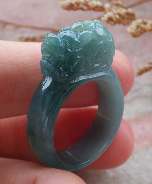 Certified Hand Carved Blue Water Green Natural Myanmar Burma A JADE Jadeite Dragon Pi Xiu Ring US 8.75