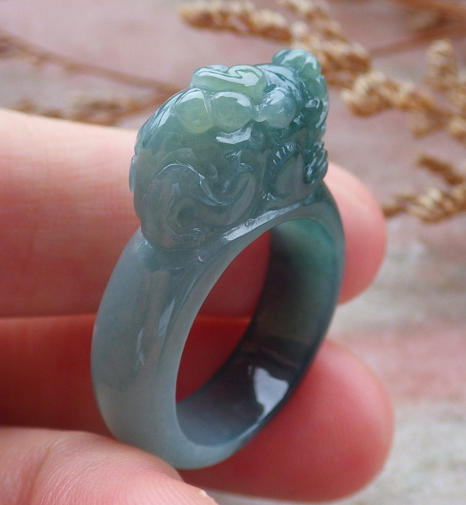 Certified Hand Carved Blue Water Green Natural Myanmar Burma A JADE Jadeite Dragon Pi Xiu Ring US 8.75