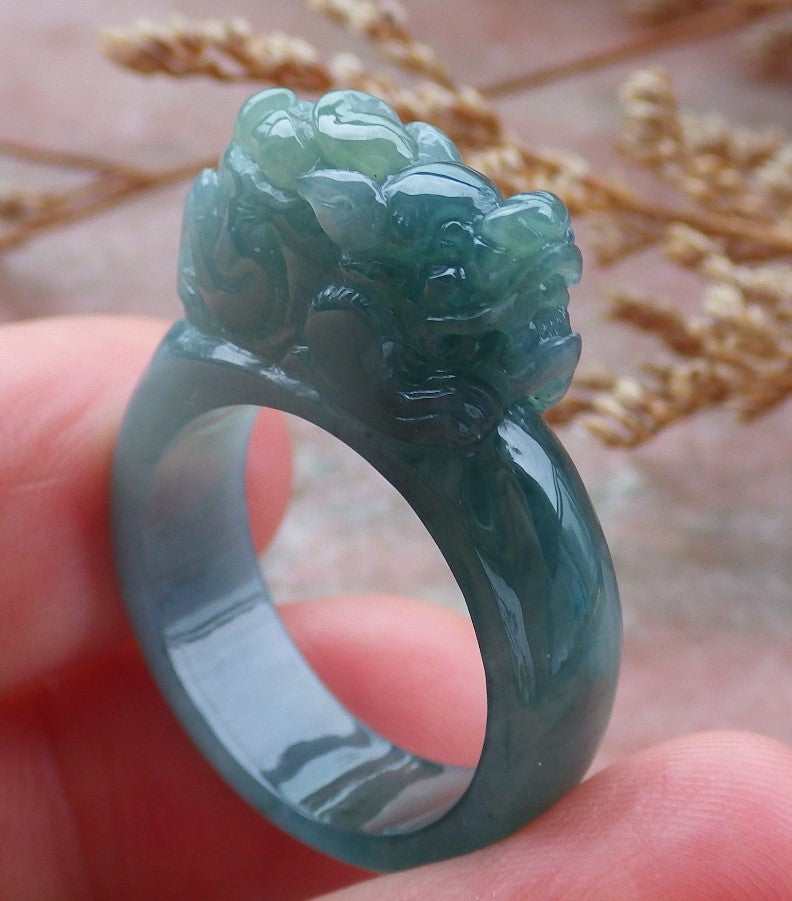 Certified Hand Carved Blue Water Green Natural Myanmar Burma A JADE Jadeite Dragon Pi Xiu Ring US 8.75