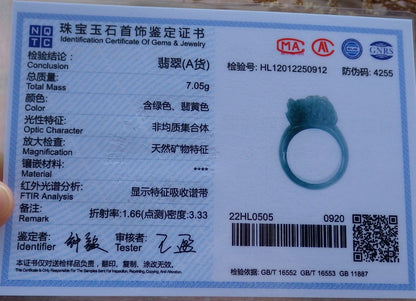 Certified Hand Carved Blue Water Green Natural Myanmar Burma A JADE Jadeite Dragon Pi Xiu Ring US 8.75