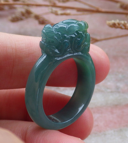 Certified Hand Carved Blue Water Green Yellow Natural Myanmar Burma A JADE Jadeite Dragon Pi Xiu Ring US 9