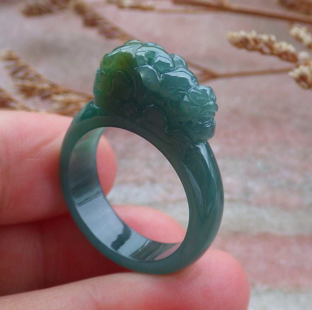 Certified Hand Carved Blue Water Green Yellow Natural Myanmar Burma A JADE Jadeite Dragon Pi Xiu Ring US 9