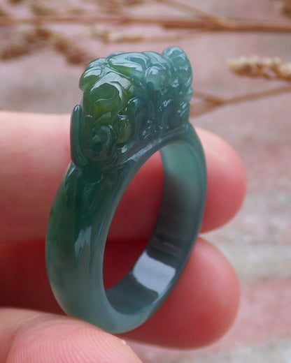 Certified Hand Carved Blue Water Green Yellow Natural Myanmar Burma A JADE Jadeite Dragon Pi Xiu Ring US 9