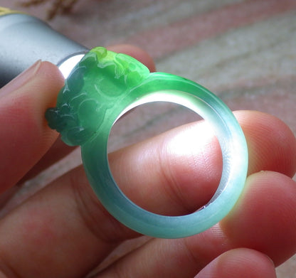 Certified Hand Carved Blue Water Green Yellow Natural Myanmar Burma A JADE Jadeite Dragon Pi Xiu Ring US 9