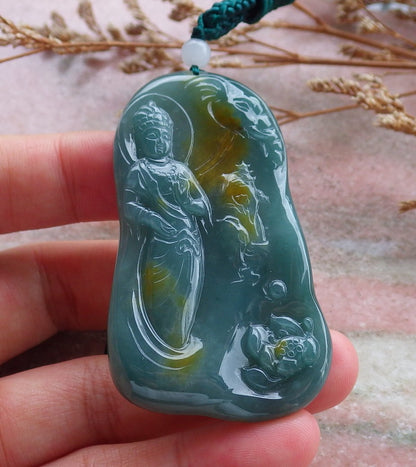 Certified Hand Carved Green Natural Myanmar Burma A Jade jadeite Guanyin Kwan Yin Pendant Necklace