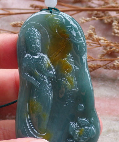 Certified Hand Carved Green Natural Myanmar Burma A Jade jadeite Guanyin Kwan Yin Pendant Necklace