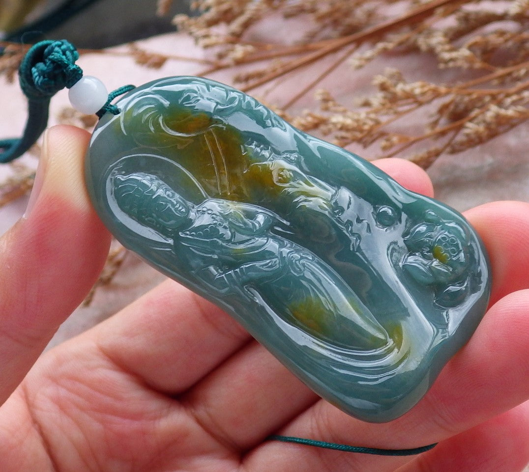 Certified Hand Carved Green Natural Myanmar Burma A Jade jadeite Guanyin Kwan Yin Pendant Necklace