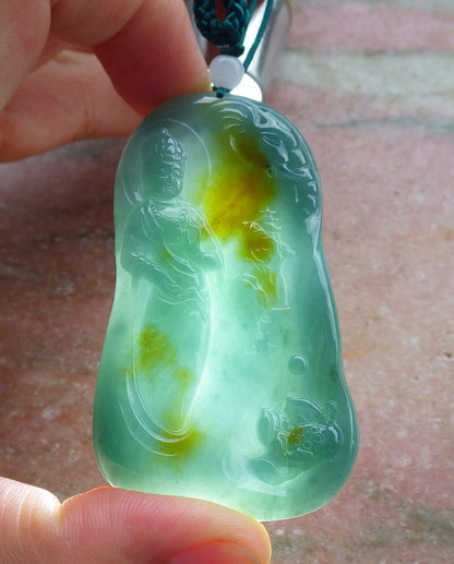 Certified Hand Carved Green Natural Myanmar Burma A Jade jadeite Guanyin Kwan Yin Pendant Necklace