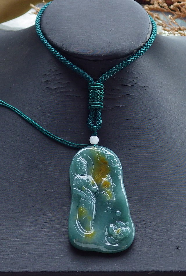 Certified Hand Carved Green Natural Myanmar Burma A Jade jadeite Guanyin Kwan Yin Pendant Necklace