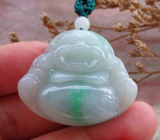 Certified Hand Carved Green Yellow Natural Burma A Jade Jadeite Happy Buddha God Lucky Amulet Pendant Necklace