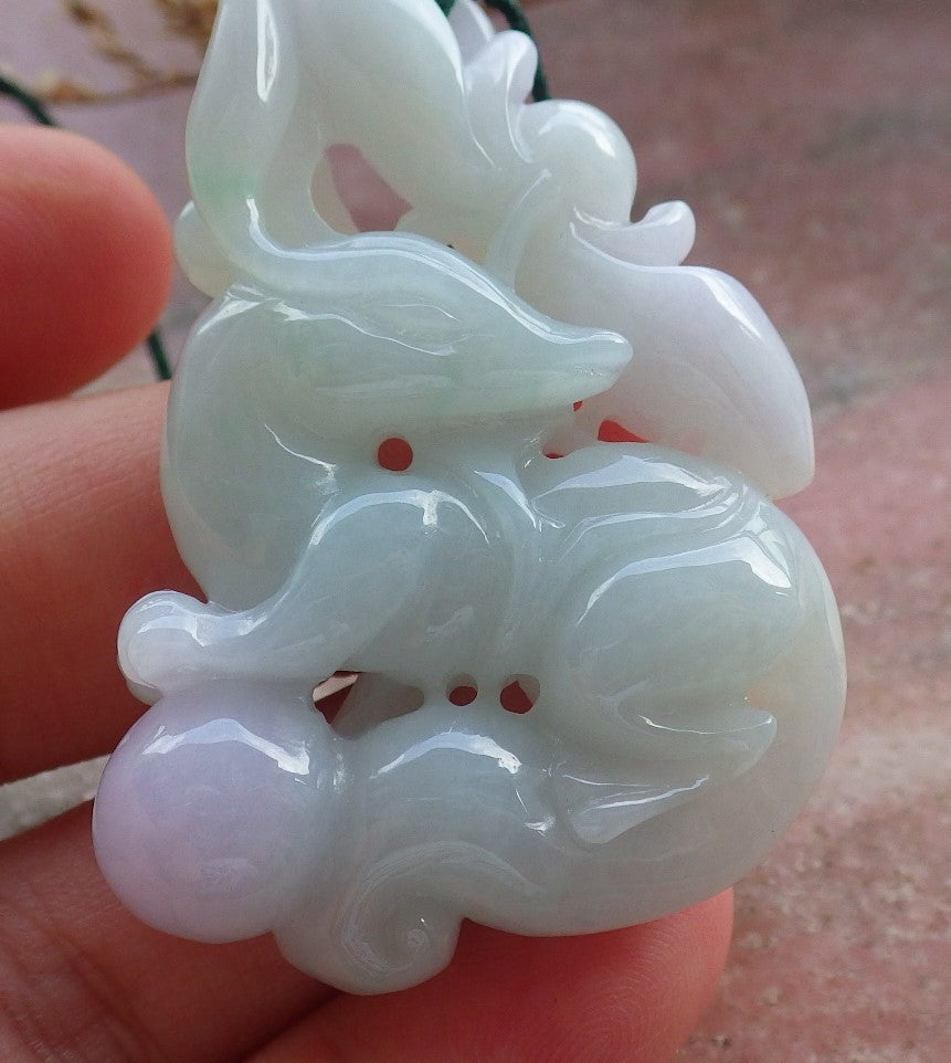 Certified Hand Carved Natural Myanmar Burma Grade A Jade Jadeite Fox Peach Lotus Flower Ruyi Pendant Necklace