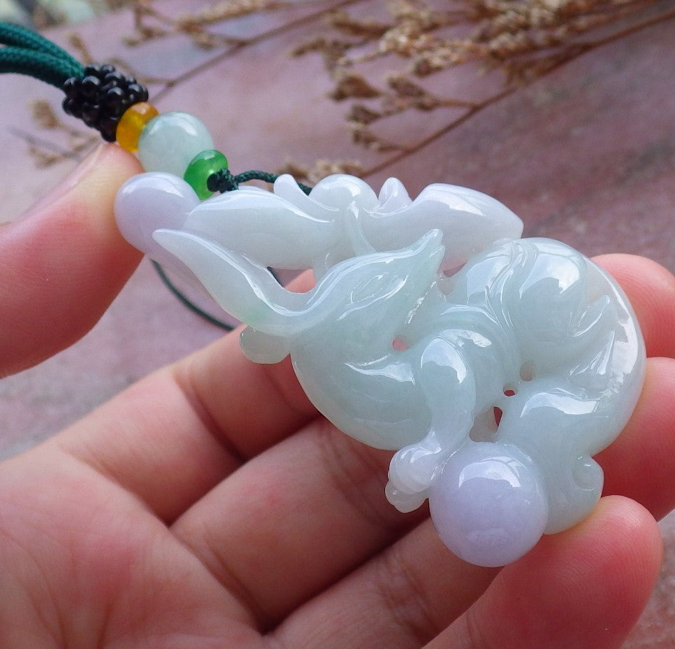 Certified Hand Carved Natural Myanmar Burma Grade A Jade Jadeite Fox Peach Lotus Flower Ruyi Pendant Necklace