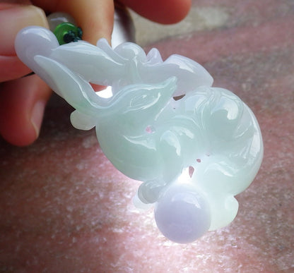 Certified Hand Carved Natural Myanmar Burma Grade A Jade Jadeite Fox Peach Lotus Flower Ruyi Pendant Necklace